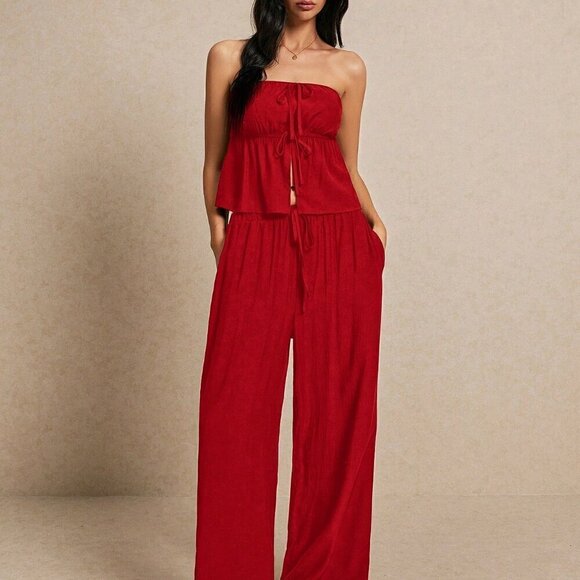 Red Sexy Women's Summer Fashion Linen Crop Top & Wide Leg Trouser Set - Picture 5 of 6